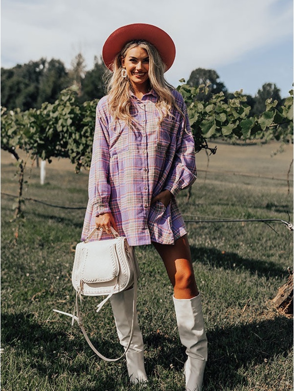 Plaid Button-Front Shirt Dress in Lavender Pink boutique size small